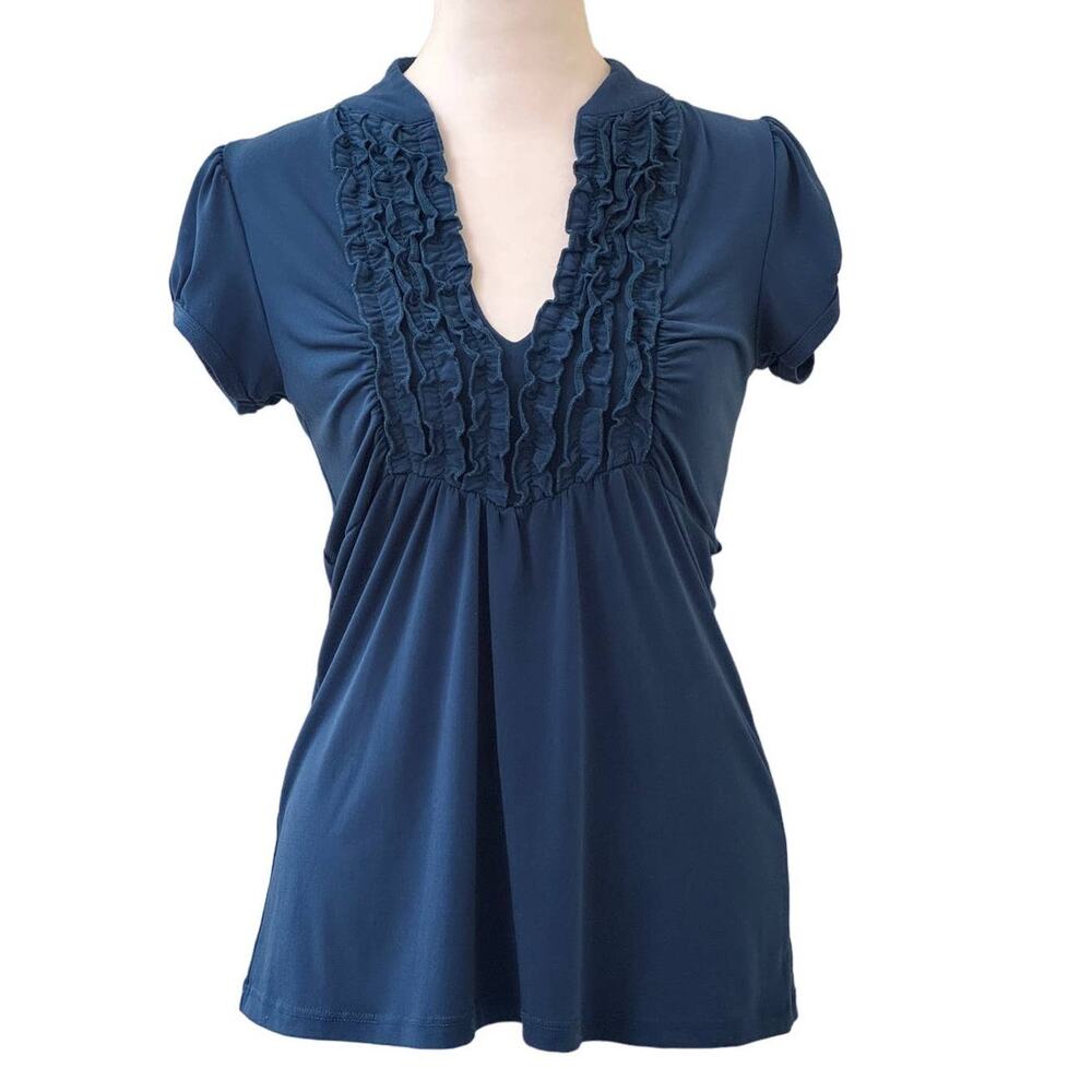Heart Soul Teal Short Sleeve Ruffled Front V-Neck Blouse Top Shirt Size Medium